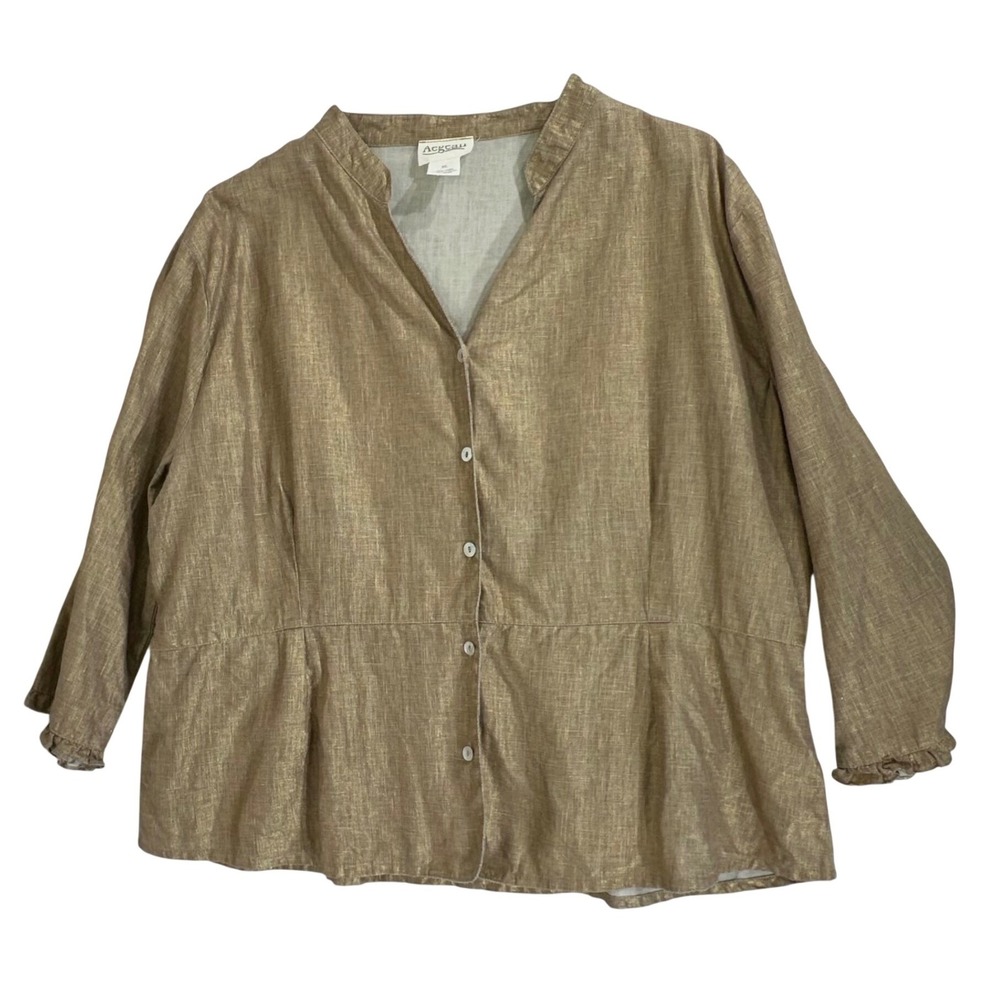 Aegean Button Front Blouse Top Size XL Linen Gold Metallic Ruffle Cuff Peplum - Picture 6 of 9